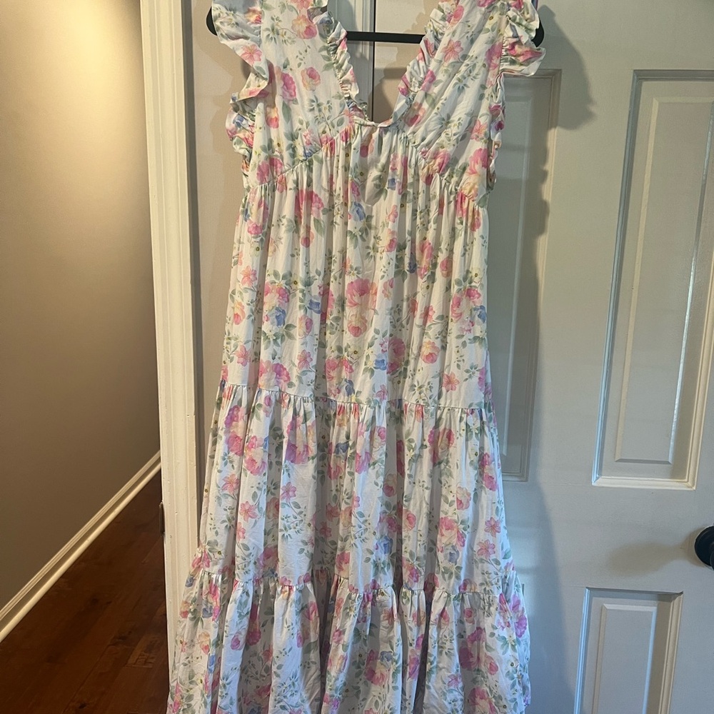 Cream Pleated Tiered Maxi Sundress with Flutter Cap Sleeves